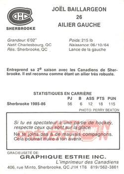 1986-87 Sherbrooke Canadiens (AHL) #NNO Joel Baillargeon Back