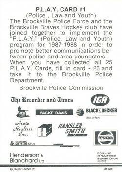 1987-88 Brockville Braves (CJAHL) Police #1 Header Card Back