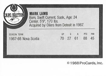 1988-89 ProCards Cape Breton Oilers (AHL) #NNO Mark Lamb Back