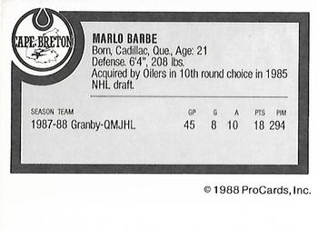 1988-89 ProCards Cape Breton Oilers (AHL) #NNO Mario Barbe Back