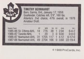 1988-89 ProCards Newmarket Saints (AHL) #NNO Tim Bernhardt Back