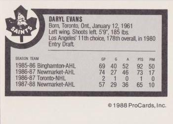 1988-89 ProCards Newmarket Saints (AHL) #NNO Daryl Evans Back