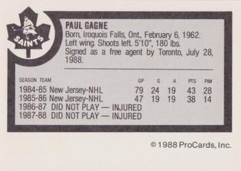 1988-89 ProCards Newmarket Saints (AHL) #NNO Paul Gagne Back
