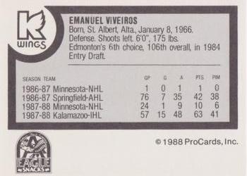 1988-89 ProCards Kalamazoo Wings (IHL) #NNO Emanuel Viveiros Back