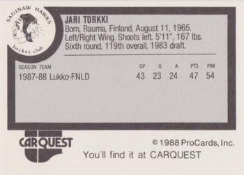 1988-89 ProCards Saginaw Hawks (IHL) #NNO Jari Torkki Back