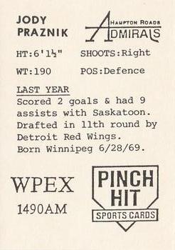 1989-90 Pinch Hit Hampton Roads Admirals (ECHL) #NNO Jody Praznik Back