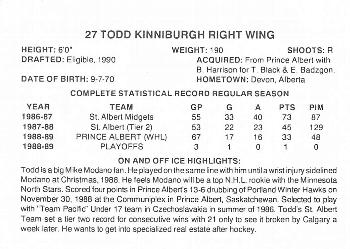 1989-90 Portland Winterhawks (WHL) #NNO Todd Kinniburgh Back