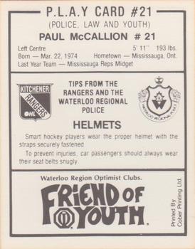 1990-91 Kitchener Rangers (OHL) Police #21 Paul McCallion Back