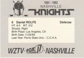1991-92 WZTV FOX-17 Nashville Knights (ECHL) #NNO Daniel Rolfe Back