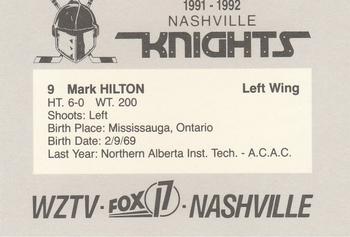 1991-92 WZTV FOX-17 Nashville Knights (ECHL) #NNO Mark Hilton Back