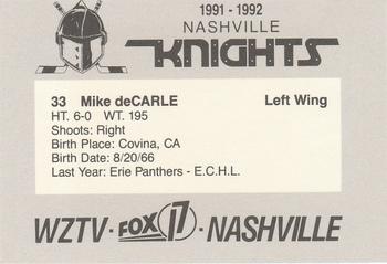 1991-92 WZTV FOX-17 Nashville Knights (ECHL) #NNO Mike DeCarle Back