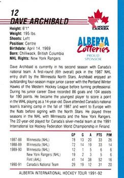 1991-92 Alberta Lotteries Canada's National Team #NNO Dave Archibald Back