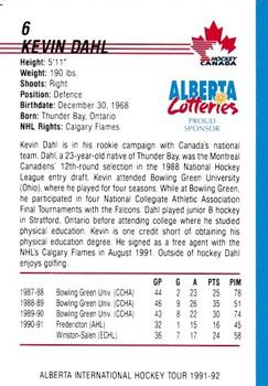 1991-92 Alberta Lotteries Canada's National Team #NNO Kevin Dahl Back