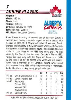 1991-92 Alberta Lotteries Canada's National Team #NNO Adrien Plavsic Back