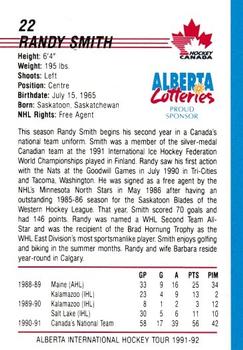 1991-92 Alberta Lotteries Canada's National Team #NNO Randy Smith Back