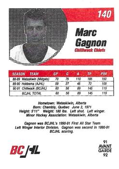 1991-92 Avant Garde BCJHL #140 Marc Gagnon Back