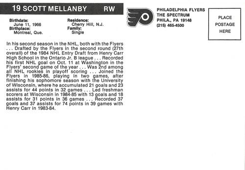 1986-87 Philadelphia Flyers Postcards #NNO Scott Mellanby Back