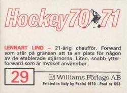 1970-71 Williams Hockey (Swedish) #29 Lennart Lind Back
