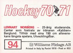 1970-71 Williams Hockey (Swedish) #94 Lennart Norberg Back