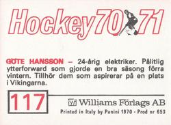 1970-71 Williams Hockey (Swedish) #117 Gote Hansson Back