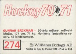 1970-71 Williams Hockey (Swedish) #274 Gunnar Backman Back