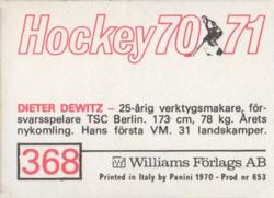 1970-71 Williams Hockey (Swedish) #368 Dieter Dewitz Back