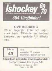 1969-70 Williams Ishockey (Swedish) #43 Ove Hedberg Back