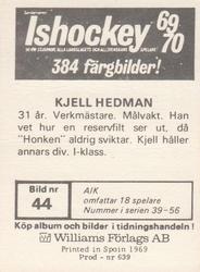1969-70 Williams Ishockey (Swedish) #44 Kjell Hedman Back