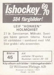 1969-70 Williams Ishockey (Swedish) #45 Leif Holmqvist Back