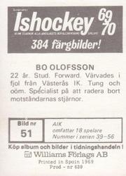 1969-70 Williams Ishockey (Swedish) #51 Bo Olofsson Back