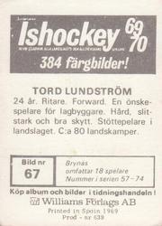 1969-70 Williams Ishockey (Swedish) #67 Tord Lundstrom Back