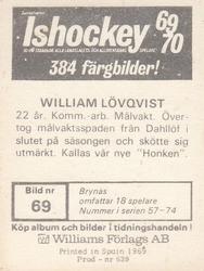 1969-70 Williams Ishockey (Swedish) #69 William Lofqvist Back