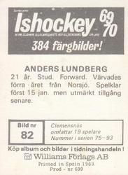 1969-70 Williams Ishockey (Swedish) #82 Anders Lundberg Back