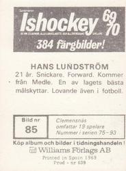 1969-70 Williams Ishockey (Swedish) #85 Hans Lundstrom Back