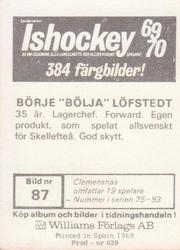1969-70 Williams Ishockey (Swedish) #87 Borje Lofstedt Back