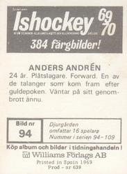 1969-70 Williams Ishockey (Swedish) #94 Anders Andren Back