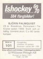 1969-70 Williams Ishockey (Swedish) #101 Bjorn Palmqvist Back