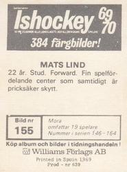 1969-70 Williams Ishockey (Swedish) #155 Mats Lindh Back