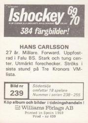 1969-70 Williams Ishockey (Swedish) #239 Hans Carlsson Back