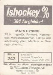 1969-70 Williams Ishockey (Swedish) #243 Mats Hysing Back
