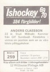 1969-70 Williams Ishockey (Swedish) #259 Anders Claesson Back