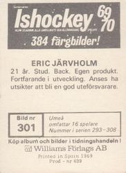 1969-70 Williams Ishockey (Swedish) #301 Erik Jarvholm Back