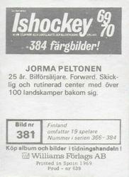 1969-70 Williams Ishockey (Swedish) #381 Jorma Peltonen Back