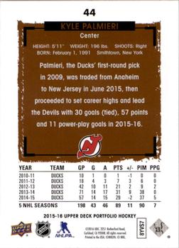 2015-16 Upper Deck Portfolio #44 Kyle Palmieri Back