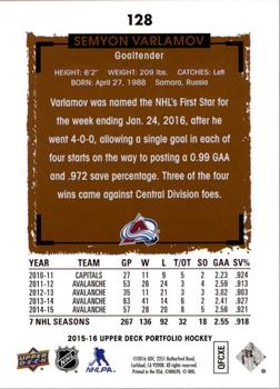 2015-16 Upper Deck Portfolio #128 Semyon Varlamov Back