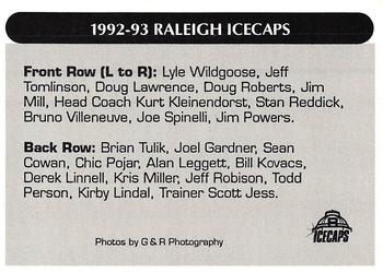 1992-93 Raleigh Icecaps (ECHL) #NNO Team Photo Back