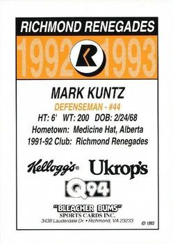 1992-93 Richmond Renegades (ECHL) #NNO Mark Kuntz Back