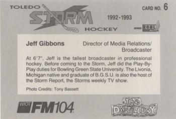 1992-93 Toledo Storm (ECHL) #6 Jeff Gibbons Back