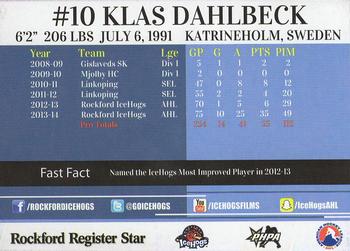 2014-15 Rockford Register Star Rockford IceHogs (AHL) #8 Klas Dahlbeck Back