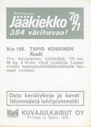 1970-71 Kuvajulkaisut Jaakiekko (Finnish) #195 Tapio Koskinen Back